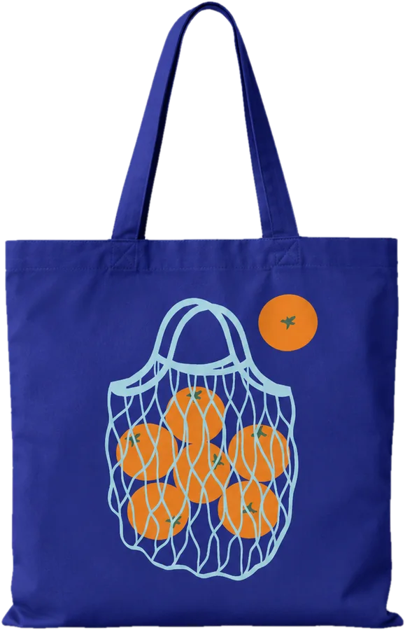 Bolsa azul con malla de naranjas