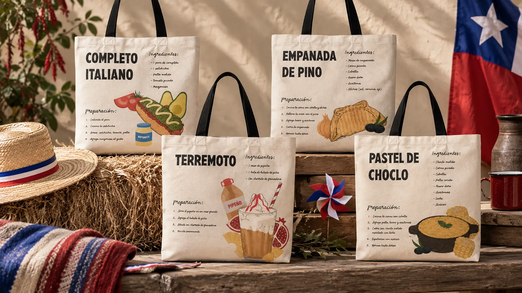 Colección 18 de Septiembre con recetas chilenas junto a la bandera