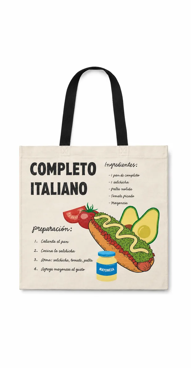 Bolsa de 18 de Septiembre con la receta del completo italiano